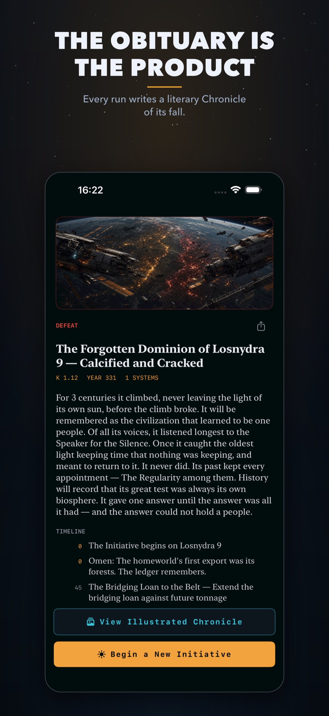 A generated Chronicle — the literary obituary of a fallen civilization.