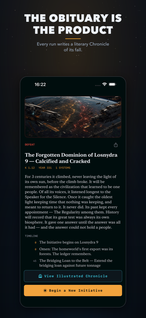 A generated Chronicle: the literary obituary of a fallen civilization in The Kardashev Initiative.